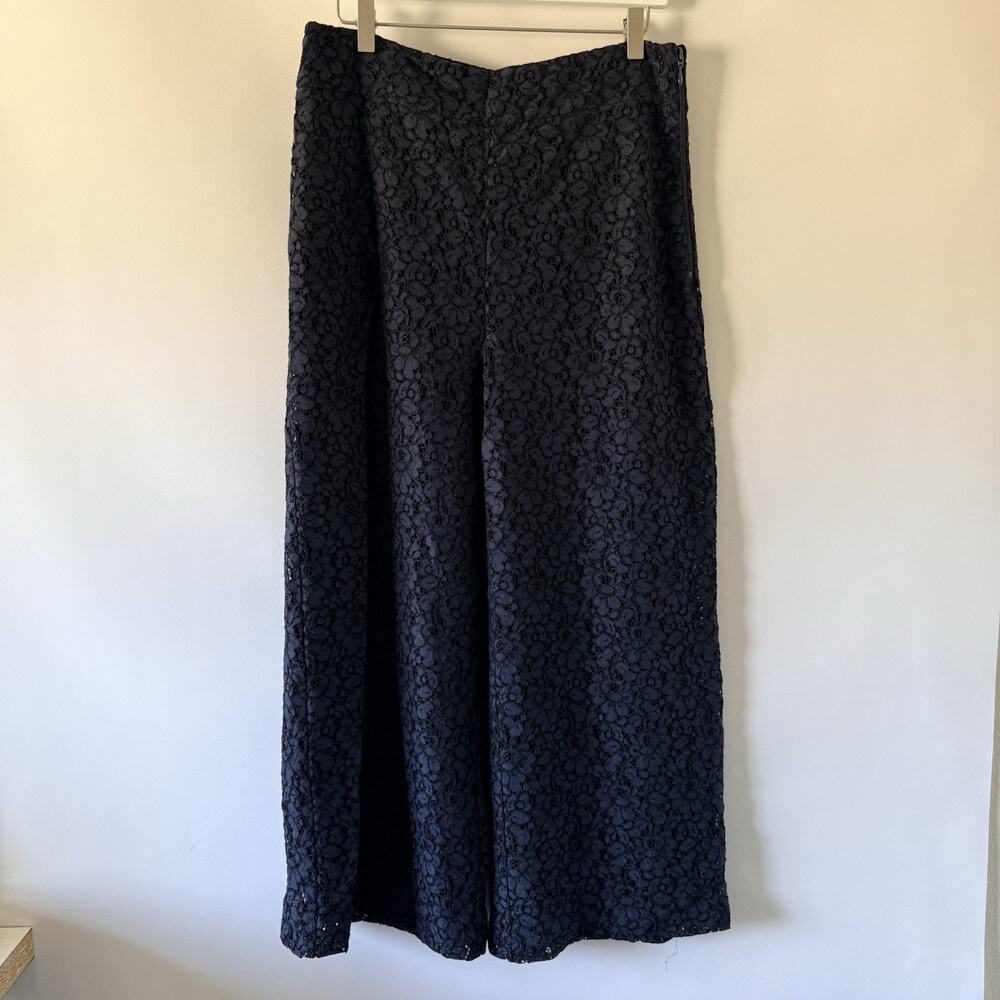 Zara Woman Navy Blue Floral Lace High Rise Cropped Wide Leg Trouser Pants Size S